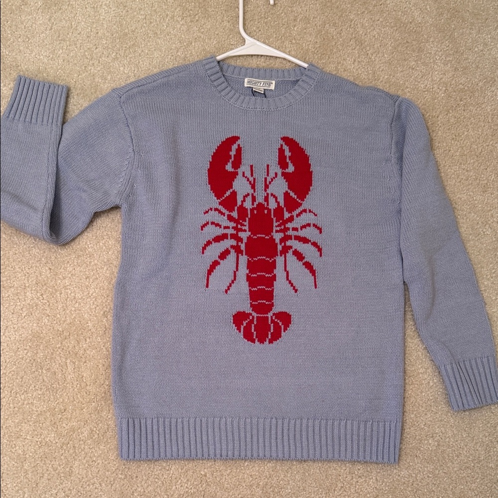 Mighty Fine Light Blue Crewneck Sweater with Red Lobster Intarsia
